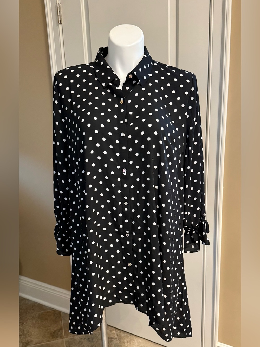 Susan Graver Black and White Polka Dot Long-Sleeve Shirt Dress